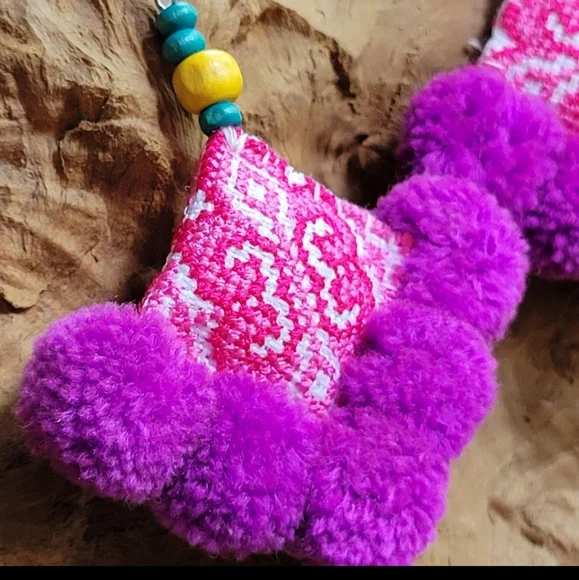 Fair Trade Purple PonPom Earrings, Hmong Tribe Embroidered, Artisan - Picture 2 of 5